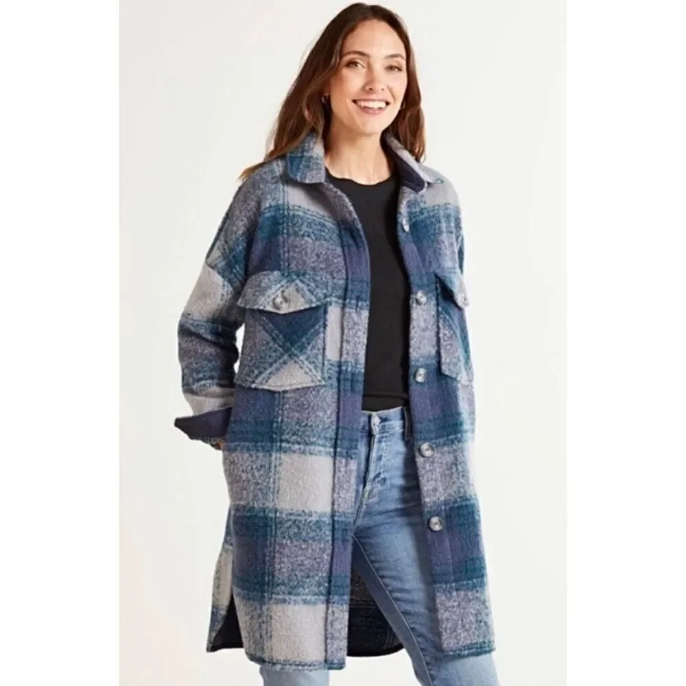 Evereve Raye Plaid Shacket Blue Gray‎ size XS Button Front